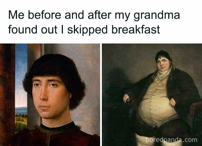 Two classical paintings side by side showing a before and after reaction, a popular chaotic classical art meme.