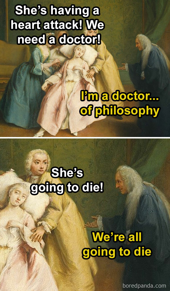 Classical art meme showing a dramatic scene with humorous chaotic dialogue about a doctor's philosophy and mortality.