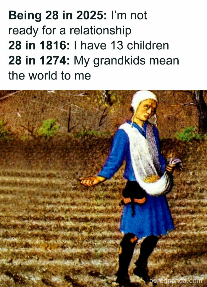 Medieval-style classical art meme humorously comparing ages and life stages across centuries.