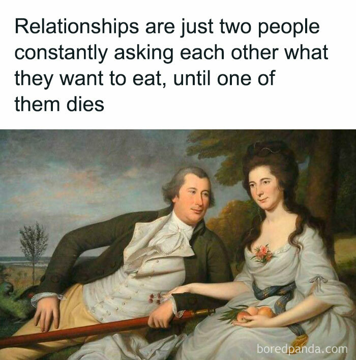 Couple in classical art meme humorously describing relationships as repeatedly asking about food until death.