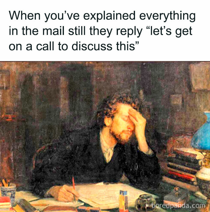 Tweet humor about email frustration paired with a classical art meme showing a man stressed at a desk, highlighting iconic classical art memes.