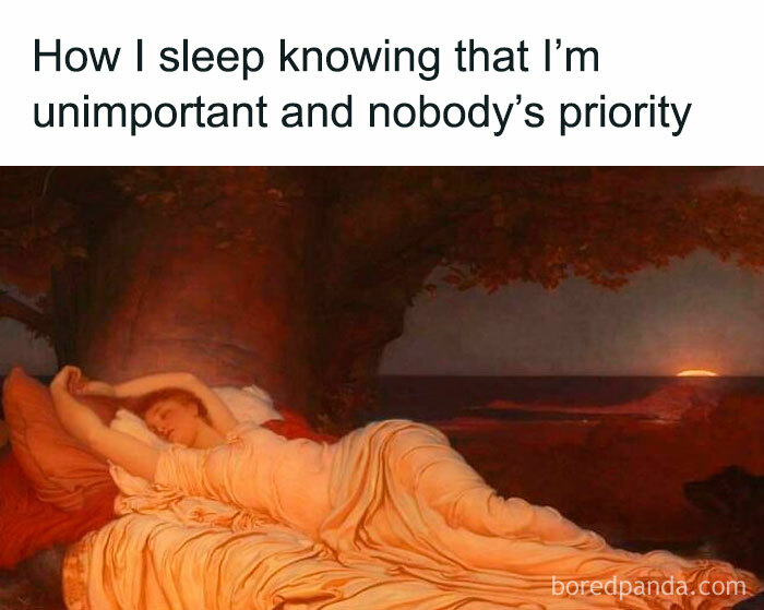 Woman peacefully sleeping on a bed near a sunset in a classical art meme about feeling unimportant and ignored.
