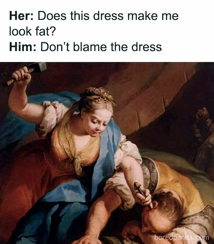 Classical art meme showing a woman with a hammer and man holding a knife, a chaotic classical art meme scene.