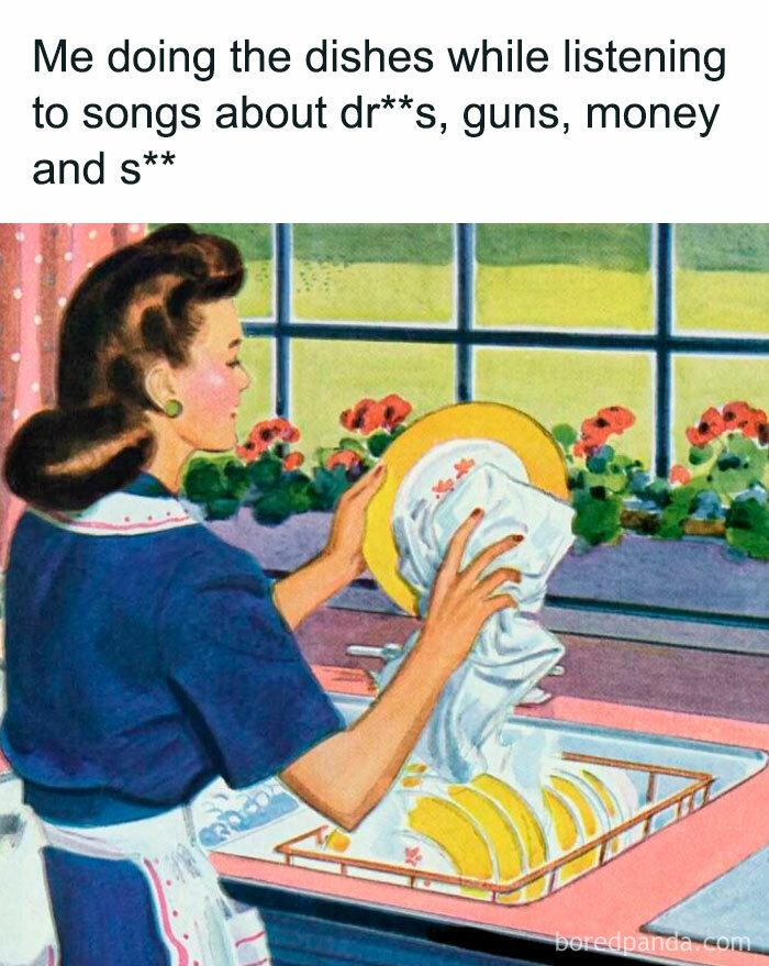 Vintage illustration of a woman drying dishes humorously captioned, perfect for silly memes for classical art lovers.