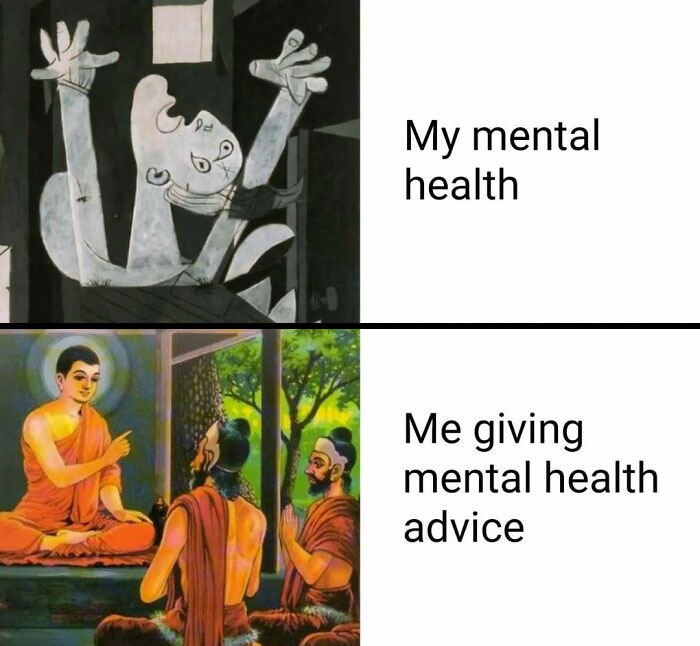 Cubist art showing distress contrasted with classical art scene of teaching, humor for classical art lovers meme about mental health.