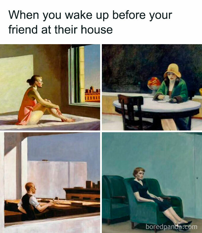 Four classical art paintings showing solitary people indoors, illustrating humor for classical art lovers with quiet, reflective moods.