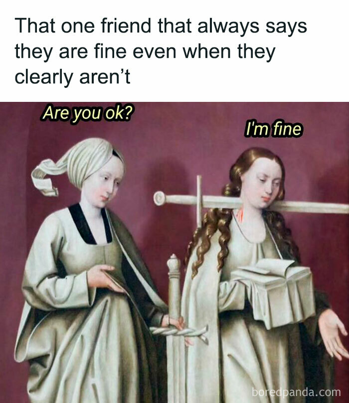 Two classical art figures with a sword through one, depicting a silly meme for classical art lovers on hidden pain.
