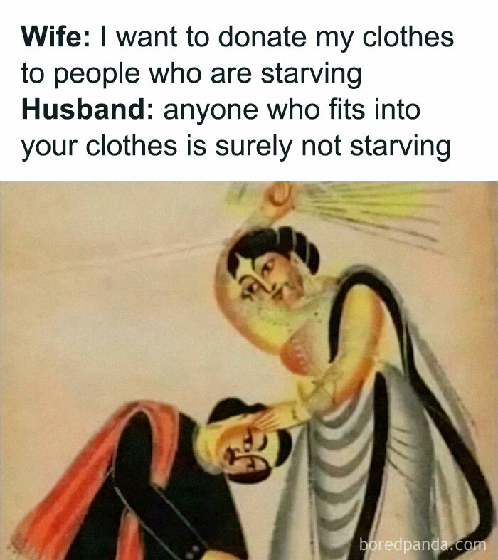 Humorous classical art meme showing a woman with raised hand and a man bowing, highlighting silly memes for art lovers.