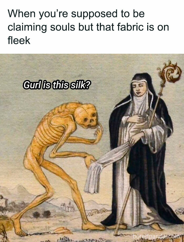 Skeleton admiring fabric held by a classical art nun, featuring a humorous meme for classical art lovers.