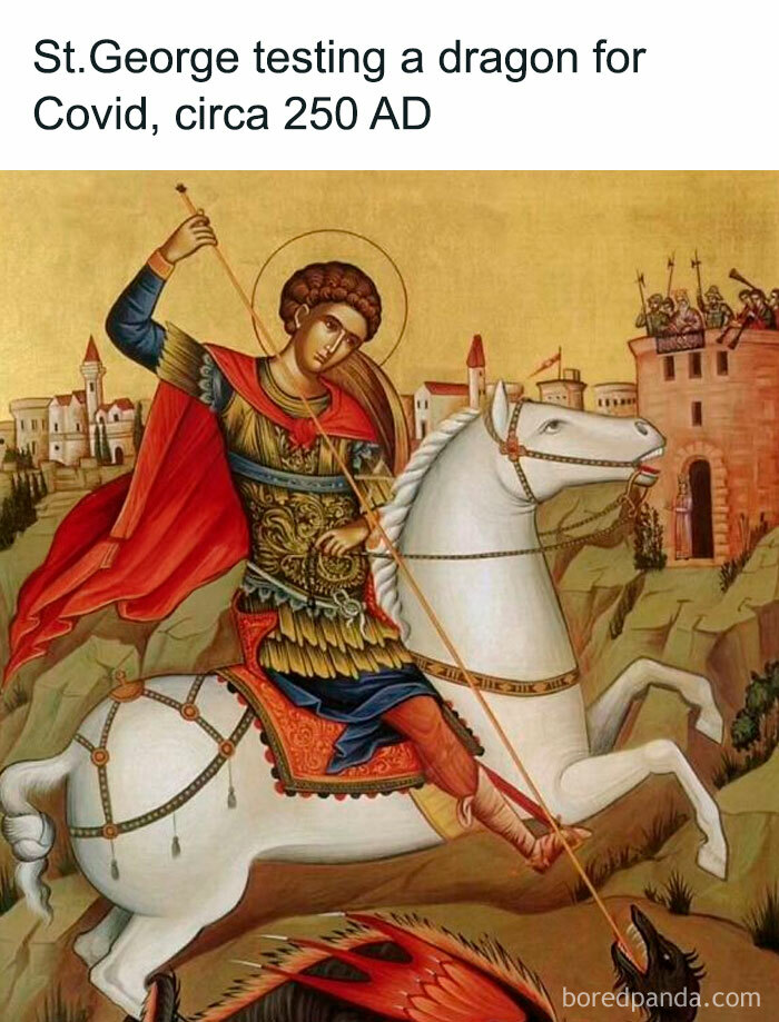 Medieval-style painting of St. George on horseback spearing a dragon with a humorous classical art meme theme.