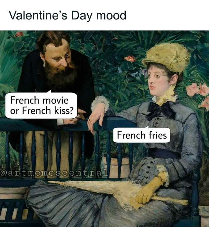 Man and woman from classical art having a humorous conversation about French movie, kiss, and fries in a garden setting.