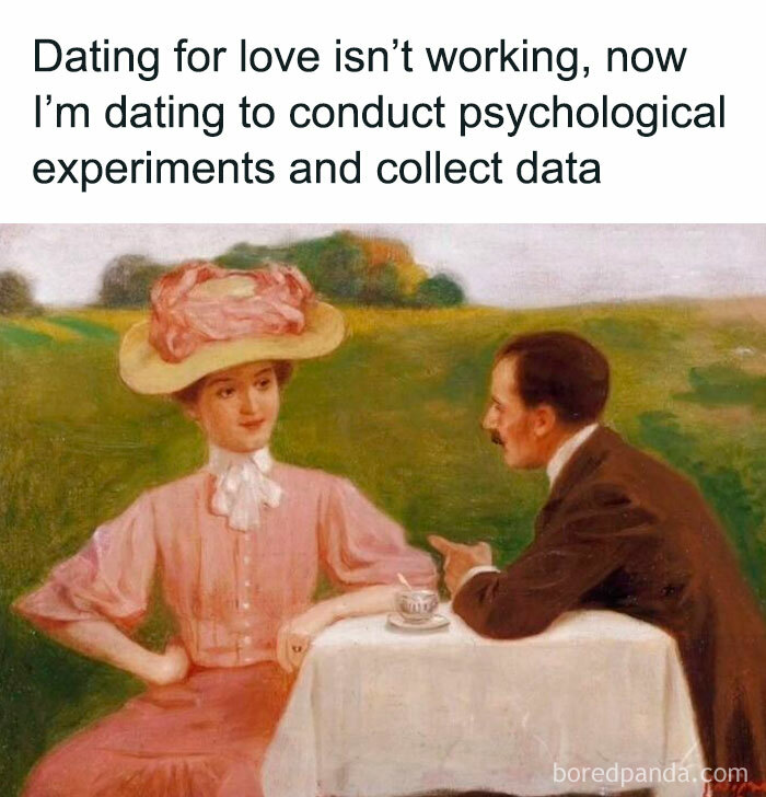 Couple in classical art style with humorous text about dating and psychological experiments in a garden setting.