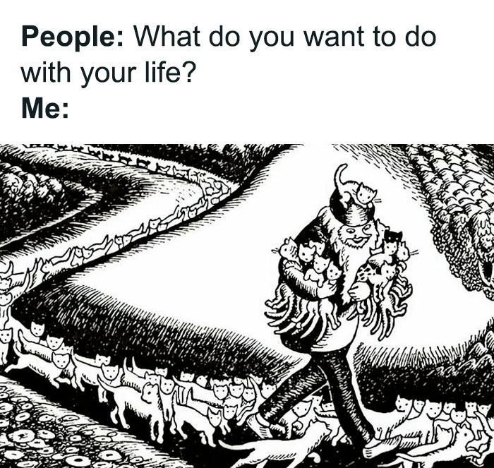 Man carrying many cats while walking down a path surrounded by cats, perfect for classical art lovers memes.