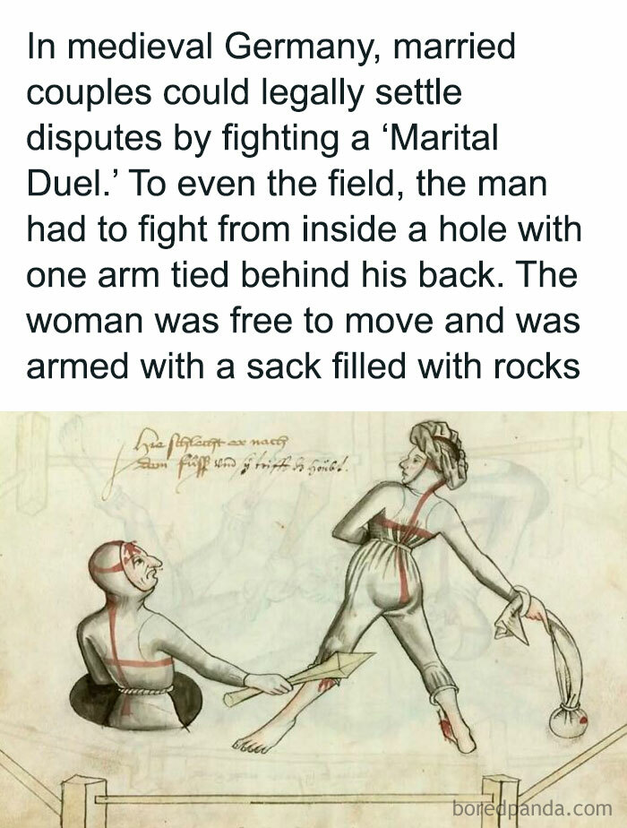 Medieval art depicting a marital duel with a man fighting from a hole and a woman armed with a sack of rocks, classical art meme.