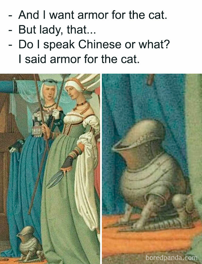 Two medieval women in elegant dresses with a small cat wearing armor, a funny meme for classical art lovers.