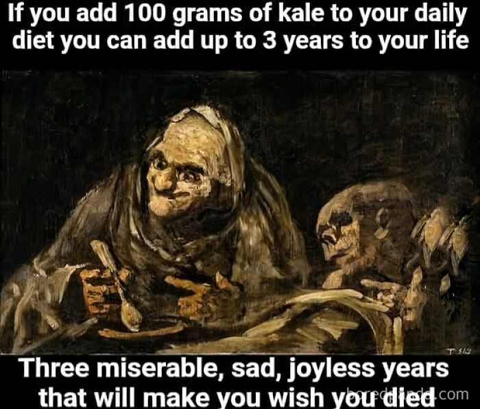 Classical art meme featuring two old figures eating soup with a humorous caption about kale and life extension.