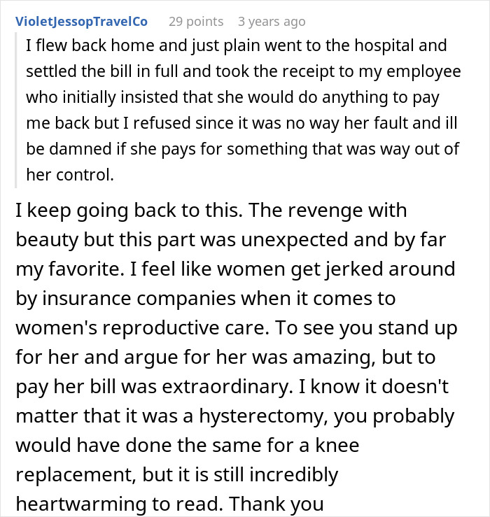 Text excerpt showing a user discussing insurance company denies employee claim and the emotional support in paying a medical bill. Text excerpt showing a user discussing insurance company denies employee claim and the emotional support in paying a medical bill.