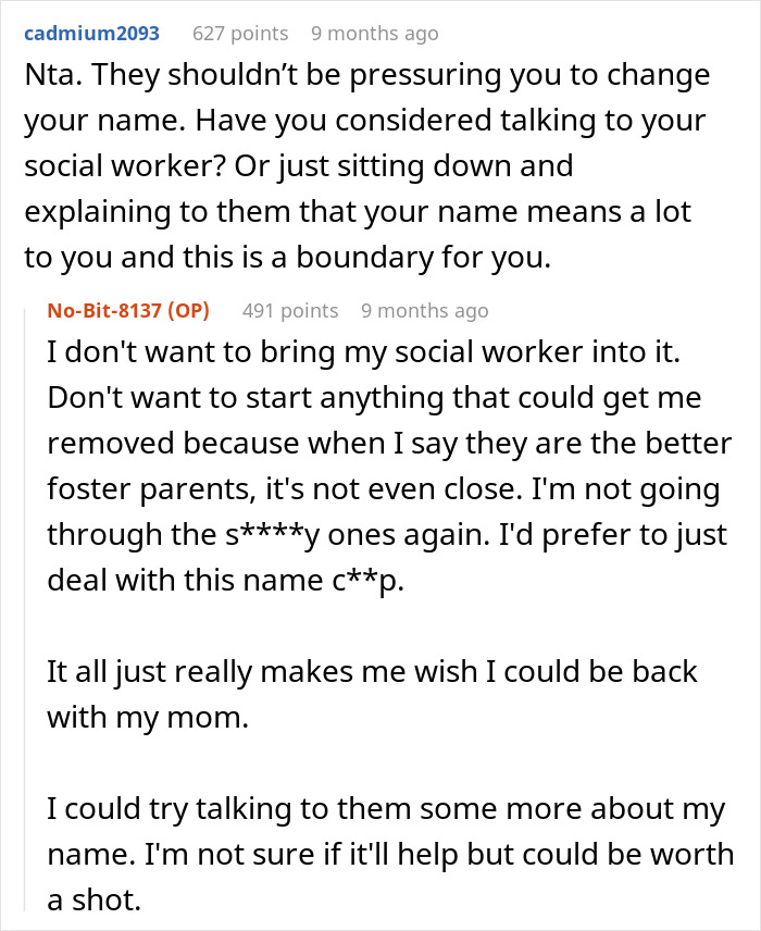 Reddit conversation about foster name change parents and boundaries involving social workers and foster care experiences.
