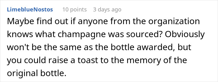Comment suggesting to find out the source of champagne after sister&rsquo;s friends drank the irreplaceable bottle.