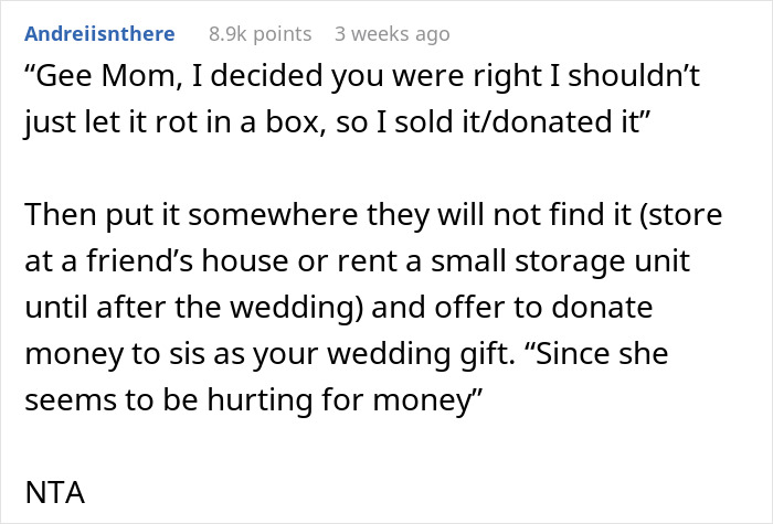 Text post discussing wedding dress sisters drama with advice on handling family conflict over a wedding dress.