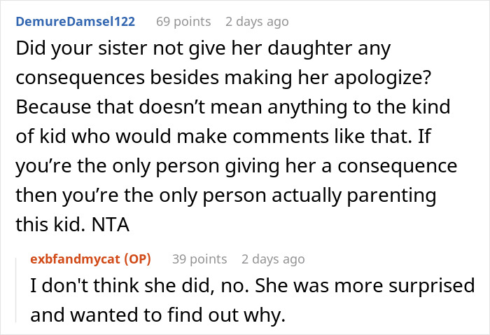 Screenshot of a Reddit discussion about a teen niece calling her aunt fat and ugly and the canceled shopping trip.