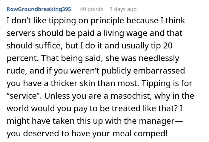 Comment about tipping principles and rude service, discussing tipping and fair pay in a tipping 83&cent; debate.