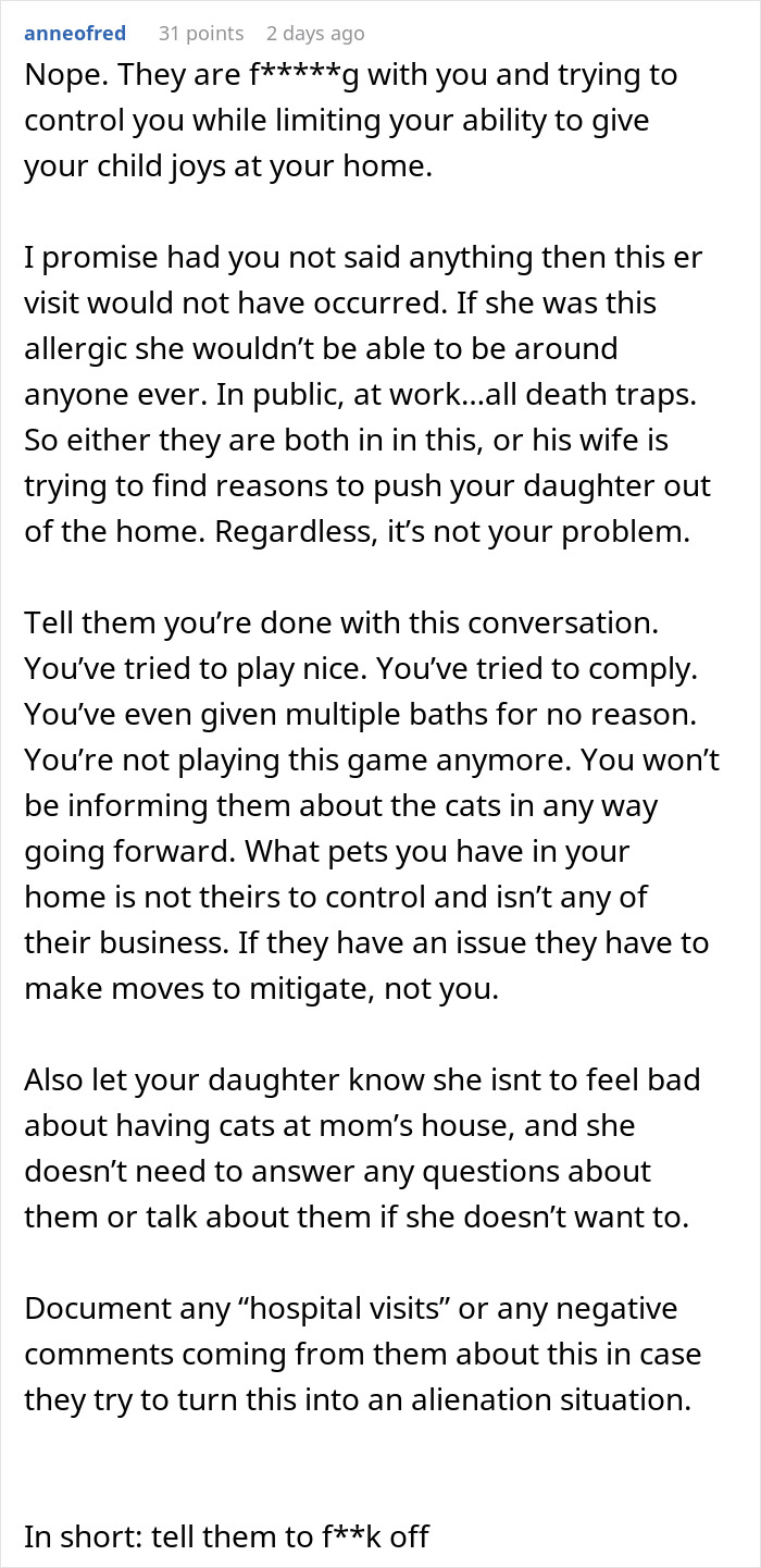 Screenshot of a Reddit comment discussing a man demanding his ex rehomes her cats due to his wife's severe allergy.