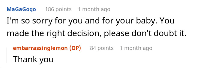 Screenshot of an online conversation showing support for a woman at crossroads after partner wants to buy a house only for him.