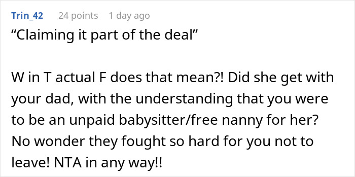 Comment on a forum expressing frustration about a teen refusing to babysit in a blended family situation.