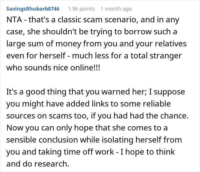 Alt text: Online comment warning about classic romance scam scenario and advising coworker to be cautious with money requests. Alt text: Online comment warning about classic romance scam scenario and advising coworker to be cautious with money requests.