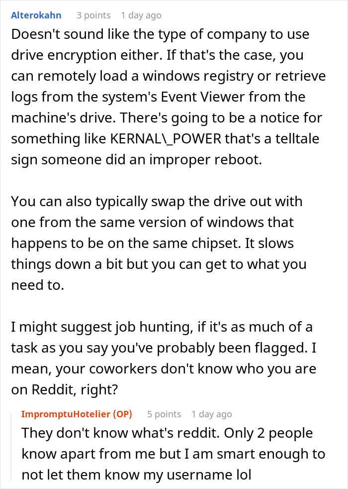 User conversation about employee sabotaging work laptop after witnessing colleagues' special treatment, discussing technical fixes and job hunting advice. User conversation about employee sabotaging work laptop after witnessing colleagues' special treatment, discussing technical fixes and job hunting advice.