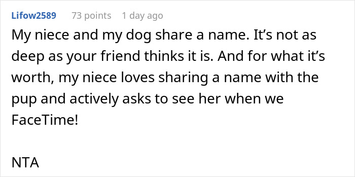 Reddit comment about a friend claiming a cat name also shared with a newborn, discussing name sharing between pets and family. Reddit comment about a friend claiming a cat name also shared with a newborn, discussing name sharing between pets and family.