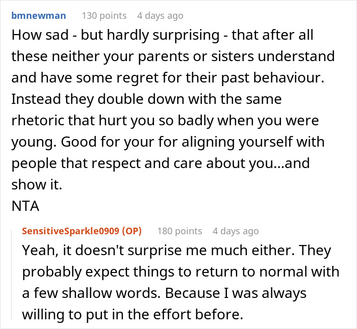 Online discussion about family favoring matching triplets while ignoring the other sibling and calling her silly.