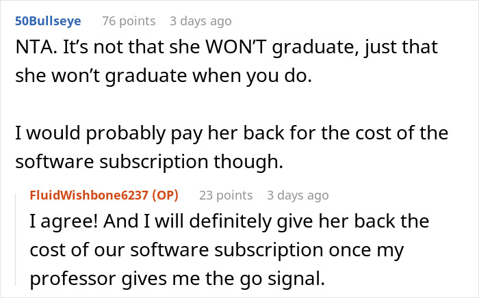 Alt text: Online discussion about a woman at risk of not graduating due to failure to contribute to shared thesis.