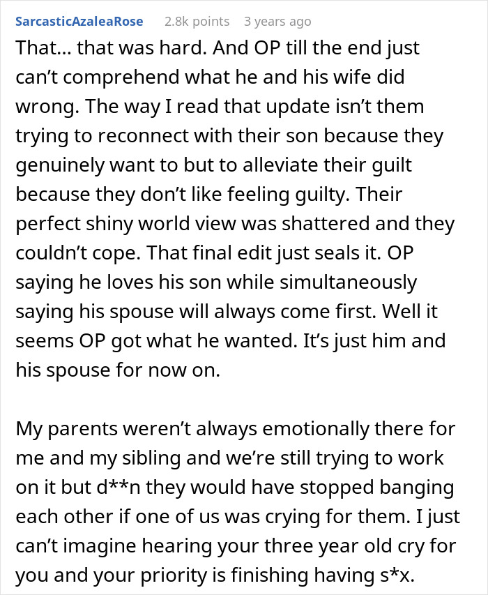 Screenshot of a Reddit comment discussing parents reflecting on emotional neglect and their son blowing up over years of neglect.