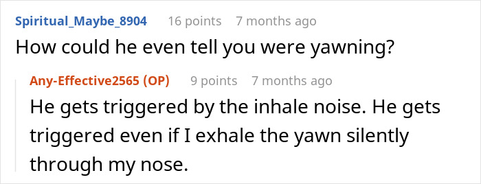Reddit conversation showing man triggered by yawning, elbowing sleeping fianc&eacute;e, leading to her snapping and storming out.