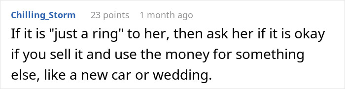 Screenshot of a Reddit comment discussing a woman refusing to wear her engagement ring and advising on the ring's value. Screenshot of a Reddit comment discussing a woman refusing to wear her engagement ring and advising on the ring's value.