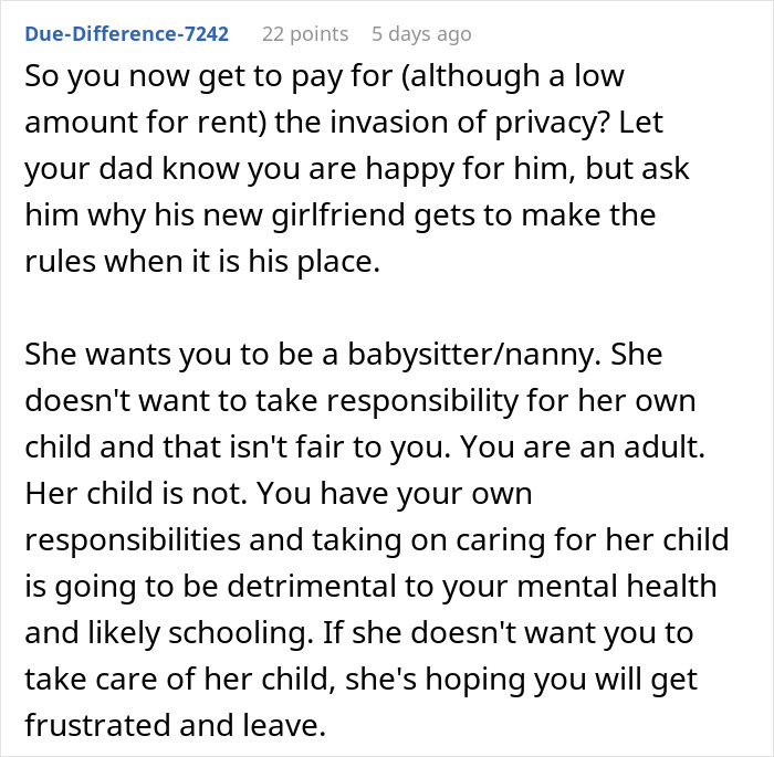 Alt text: Advice on confronting dad about girlfriend making adult live with and care for a 10YO child causing family conflict.