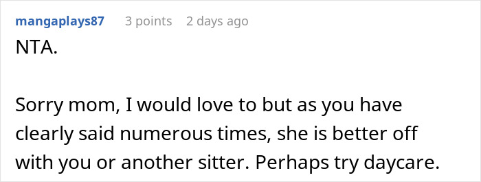 Screenshot of a Reddit comment discussing a woman refusing to watch sister after family claims she broke her leg.