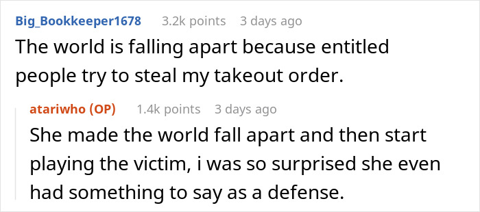 Screenshot of a social media post discussing a lady's attempt to jump the line and grab another guy's fast food takeout.