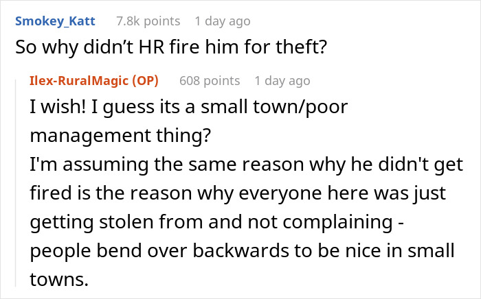 Reddit conversation discussing coworker stealing woman’s spicy lunch and the lack of repercussions from HR in a small town. Reddit conversation discussing coworker stealing woman’s spicy lunch and the lack of repercussions from HR in a small town.