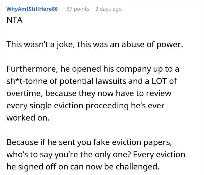 Screenshot of an online comment discussing a prank causing legal issues and potential lawsuits at a company.