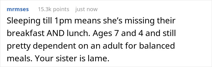 Comment highlighting man playing chef for sister's kids while she sleeps, showing family dynamics and responsibility.