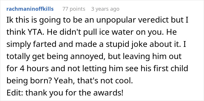 Comment from user discussing a man furious after wife removes him from delivery room over inappropriate prank.