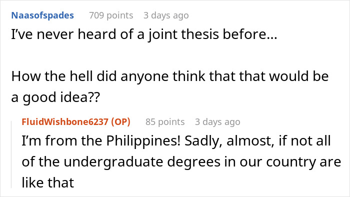 Online discussion about a woman at risk of not graduating after failing to contribute to a shared thesis project.