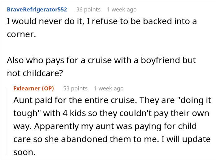 Reddit discussion revealing poor parenting as mom makes cousin babysit kids, risking custody over childcare issues.