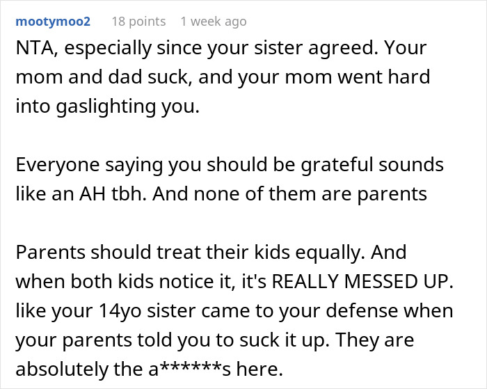 Reddit comment discussing family vacation dispute over dad upgrading one kid to business class while ignoring the other. Reddit comment discussing family vacation dispute over dad upgrading one kid to business class while ignoring the other.