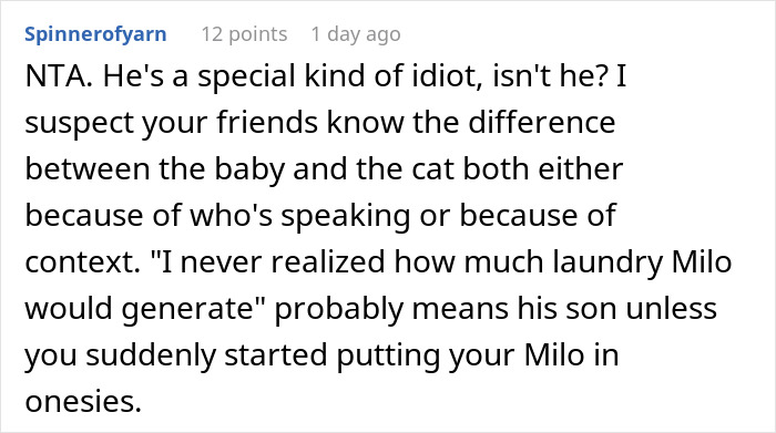 Comment explaining a friend claims cat name as newborn Milo, highlighting confusion between baby and pet. Comment explaining a friend claims cat name as newborn Milo, highlighting confusion between baby and pet.