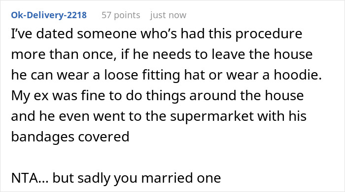 Text post discussing experiences with hair transplant surgery and criticism of a husband demanding wife cancel plans over it.