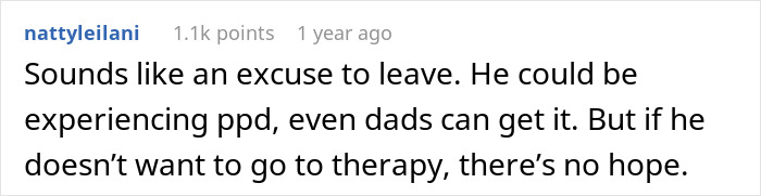 Screenshot of a Reddit comment discussing a man unable to bond with his daughter who was a cesarean baby, debating therapy options.